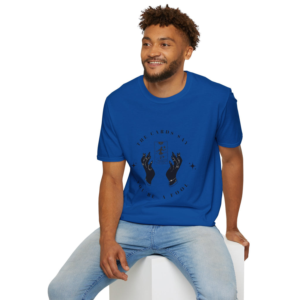 Tarot Tee — "The Cards Say" The Fool Graphic T-Shirt, Mystical Palm & Tarot Design