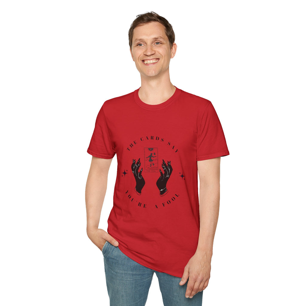 Tarot Tee — "The Cards Say" The Fool Graphic T-Shirt, Mystical Palm & Tarot Design