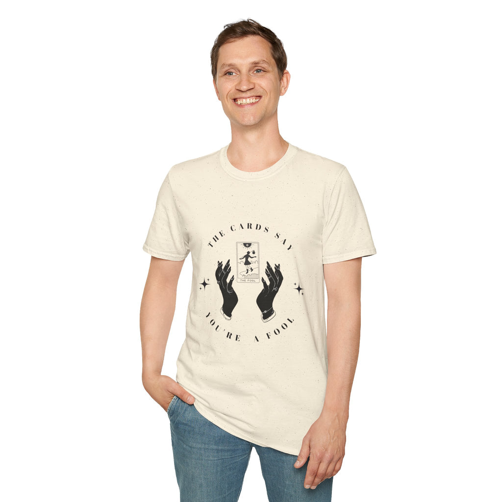 Tarot Tee — "The Cards Say" The Fool Graphic T-Shirt, Mystical Palm & Tarot Design