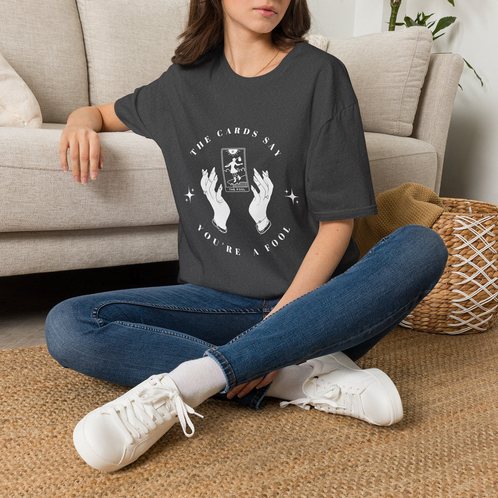 Tarot Tee — "The Cards Say" The Fool Graphic T-Shirt, Mystical Palm & Tarot Design