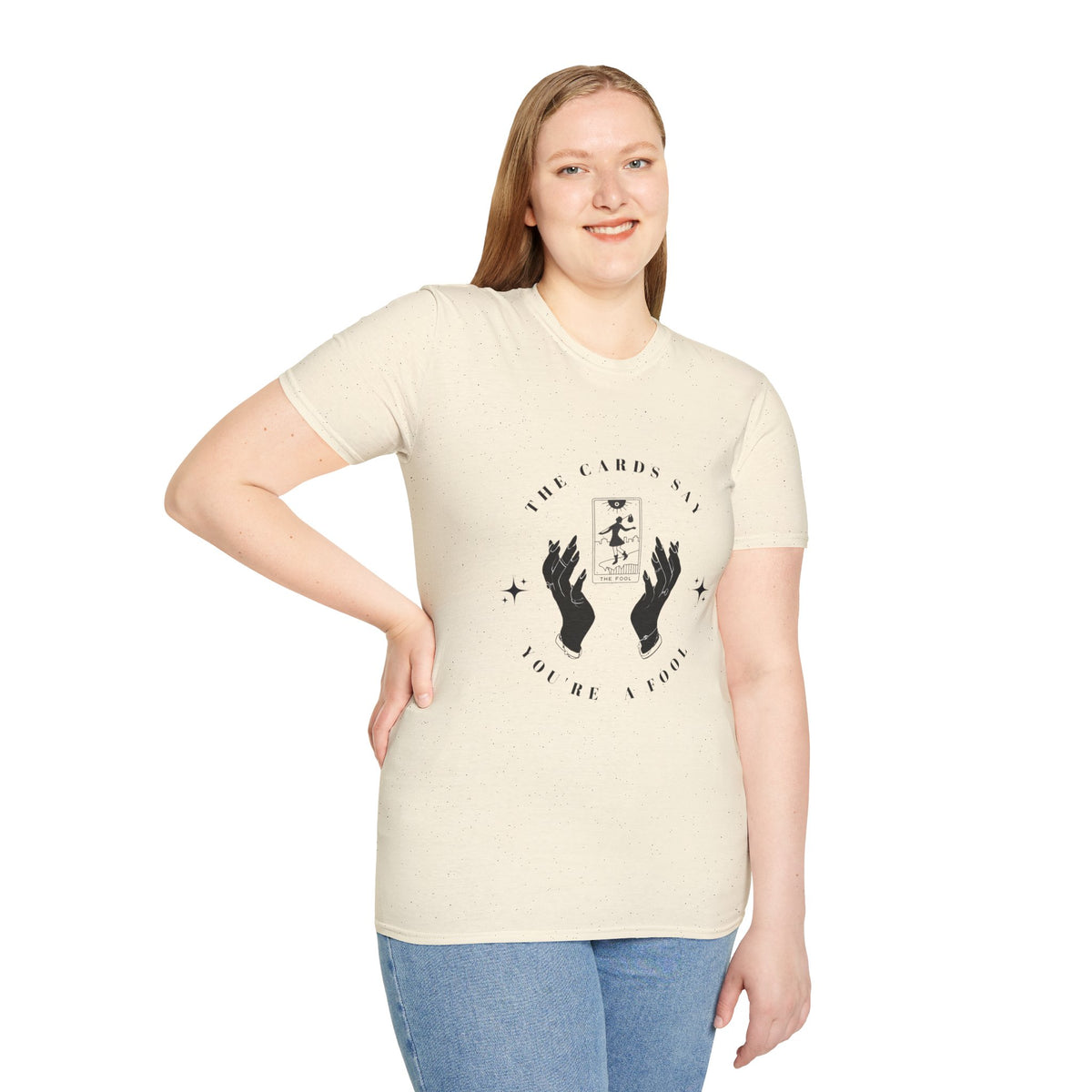 Tarot Tee — "The Cards Say" The Fool Graphic T-Shirt, Mystical Palm & Tarot Design
