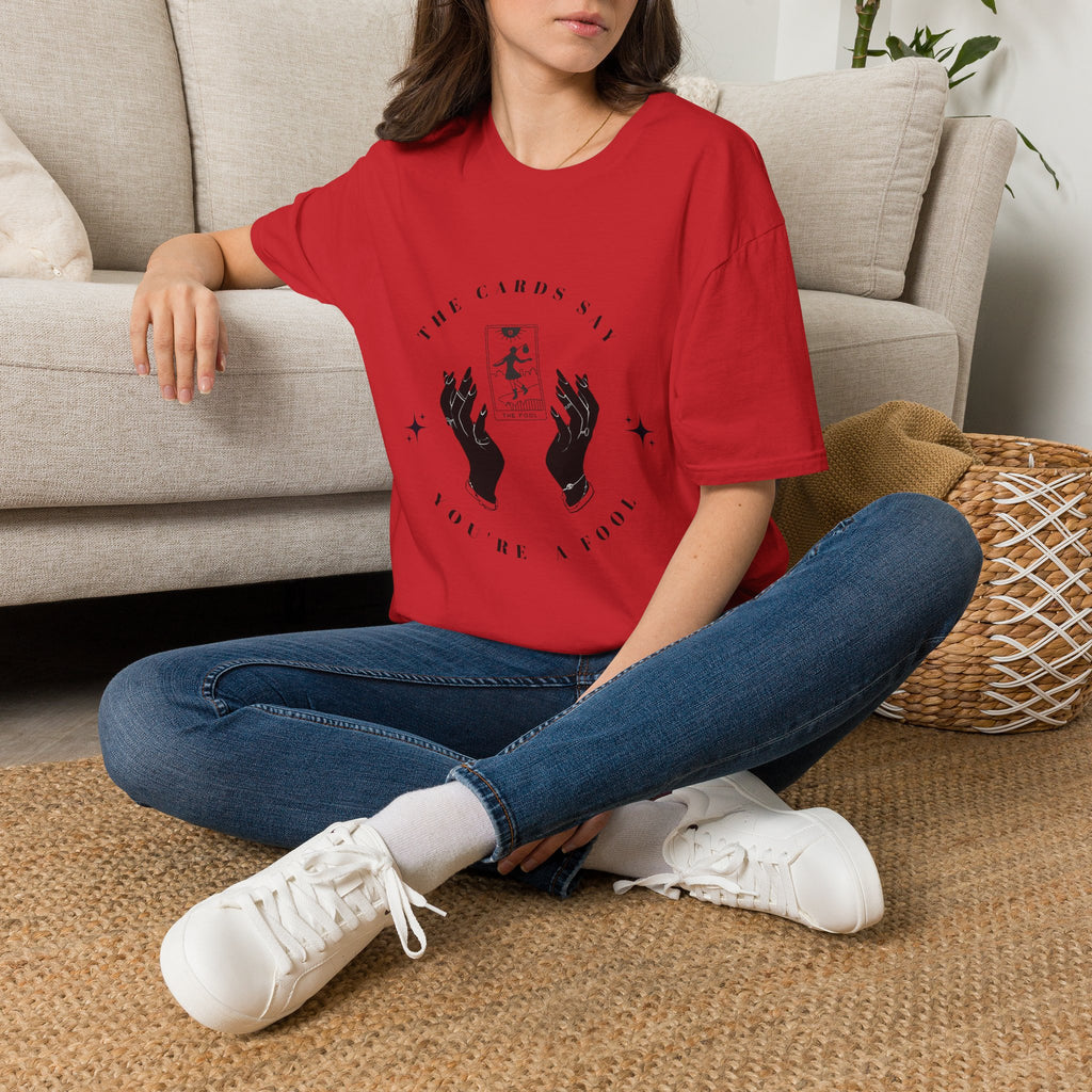 Tarot Tee — "The Cards Say" The Fool Graphic T-Shirt, Mystical Palm & Tarot Design