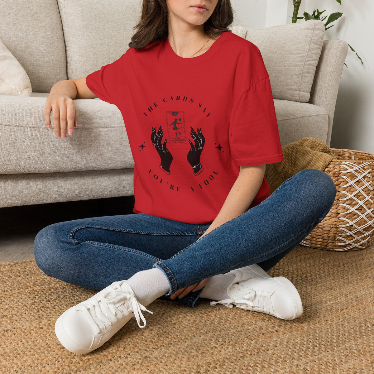Tarot Tee — "The Cards Say" The Fool Graphic T-Shirt, Mystical Palm & Tarot Design