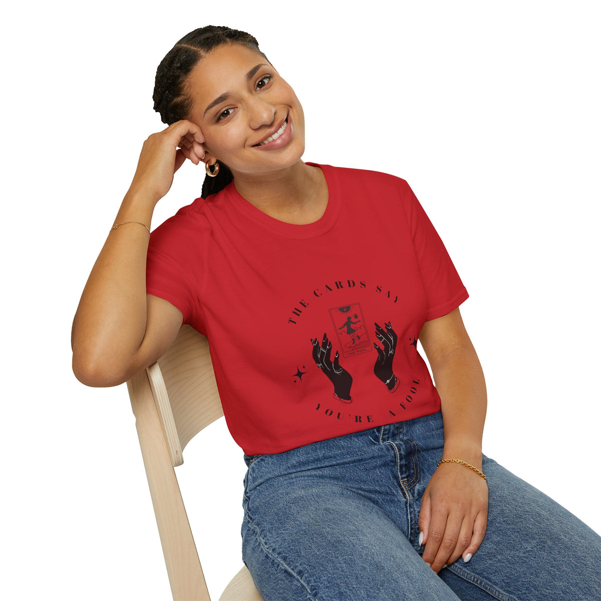 Tarot Tee — "The Cards Say" The Fool Graphic T-Shirt, Mystical Palm & Tarot Design