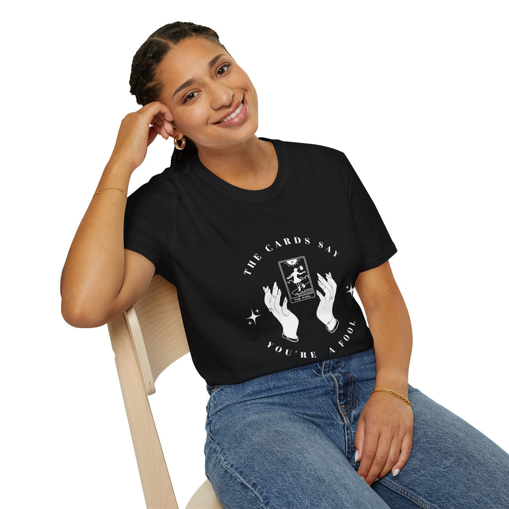 Tarot Tee — "The Cards Say" The Fool Graphic T-Shirt, Mystical Palm & Tarot Design