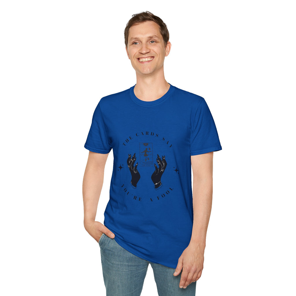 Tarot Tee — "The Cards Say" The Fool Graphic T-Shirt, Mystical Palm & Tarot Design