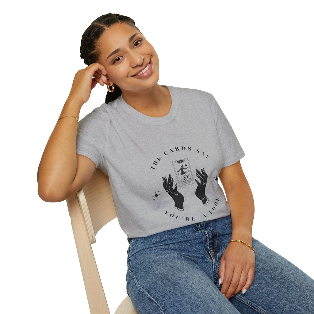 Tarot Tee — "The Cards Say" The Fool Graphic T-Shirt, Mystical Palm & Tarot Design