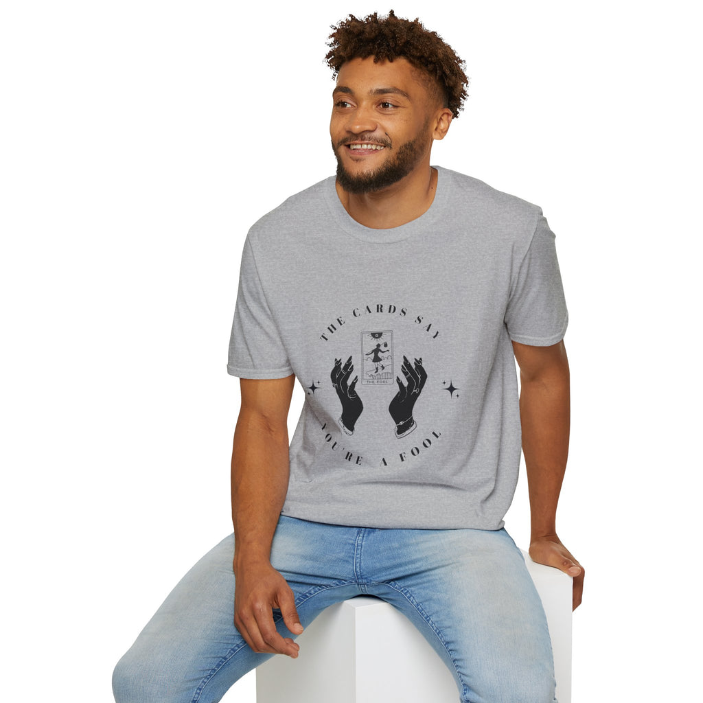 Tarot Tee — "The Cards Say" The Fool Graphic T-Shirt, Mystical Palm & Tarot Design