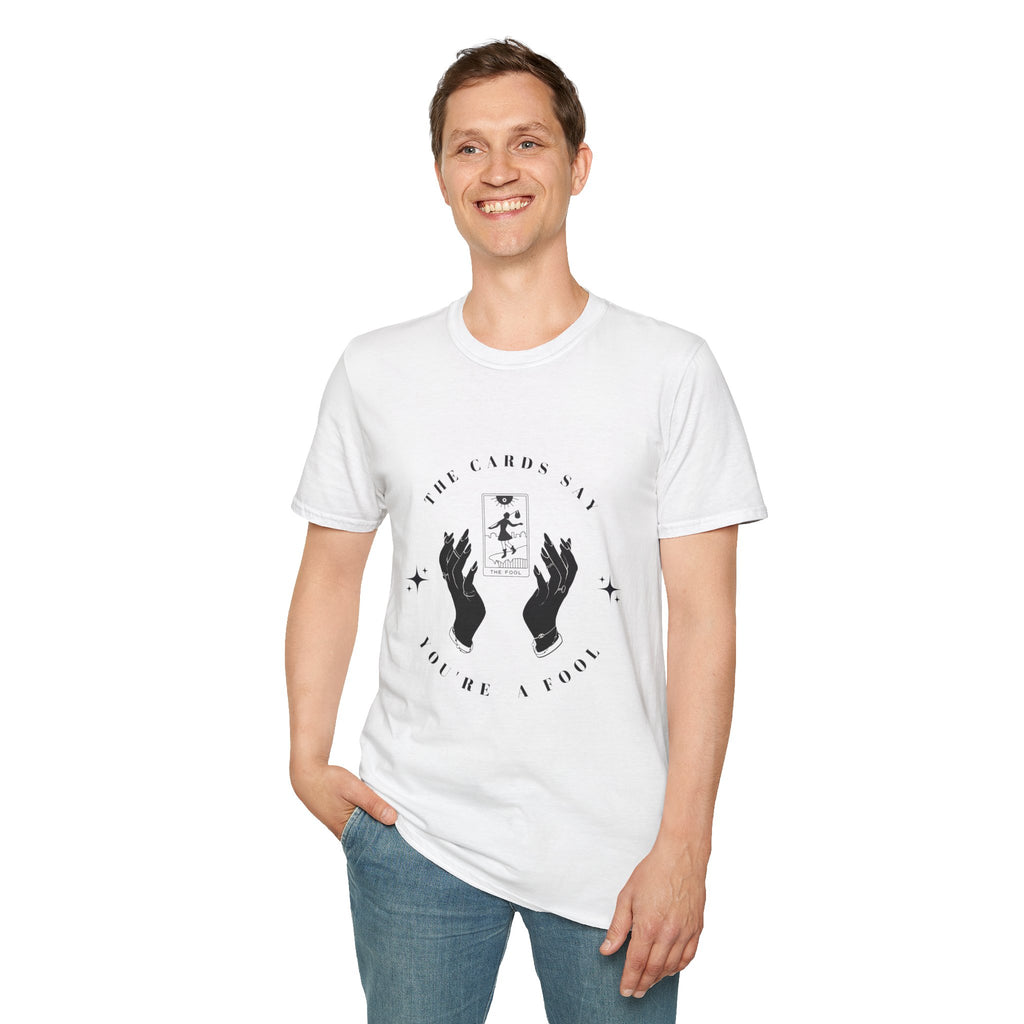 Tarot Tee — "The Cards Say" The Fool Graphic T-Shirt, Mystical Palm & Tarot Design