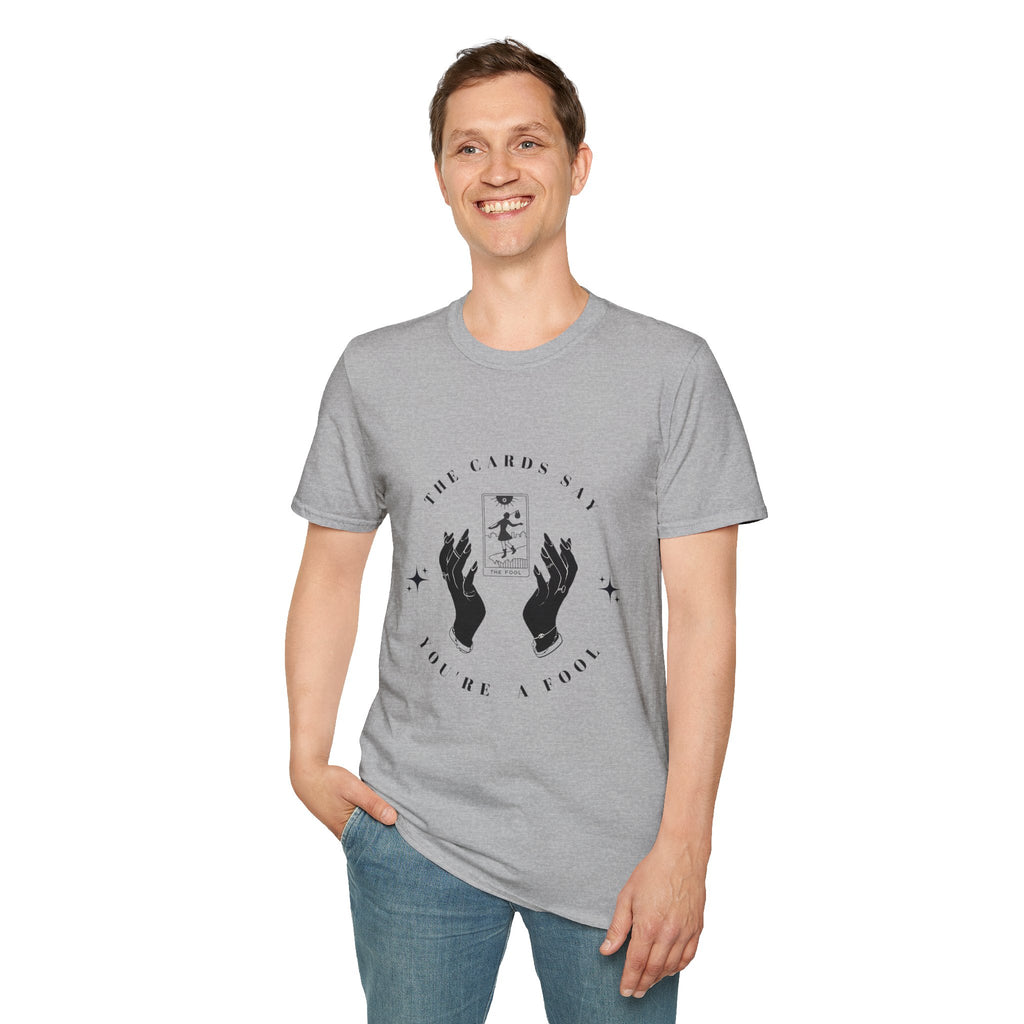 Tarot Tee — "The Cards Say" The Fool Graphic T-Shirt, Mystical Palm & Tarot Design