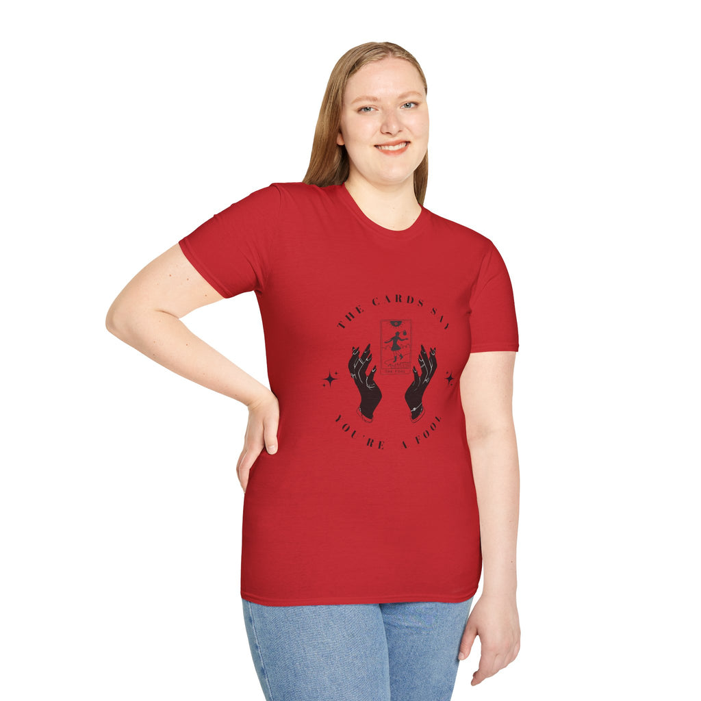 Tarot Tee — "The Cards Say" The Fool Graphic T-Shirt, Mystical Palm & Tarot Design