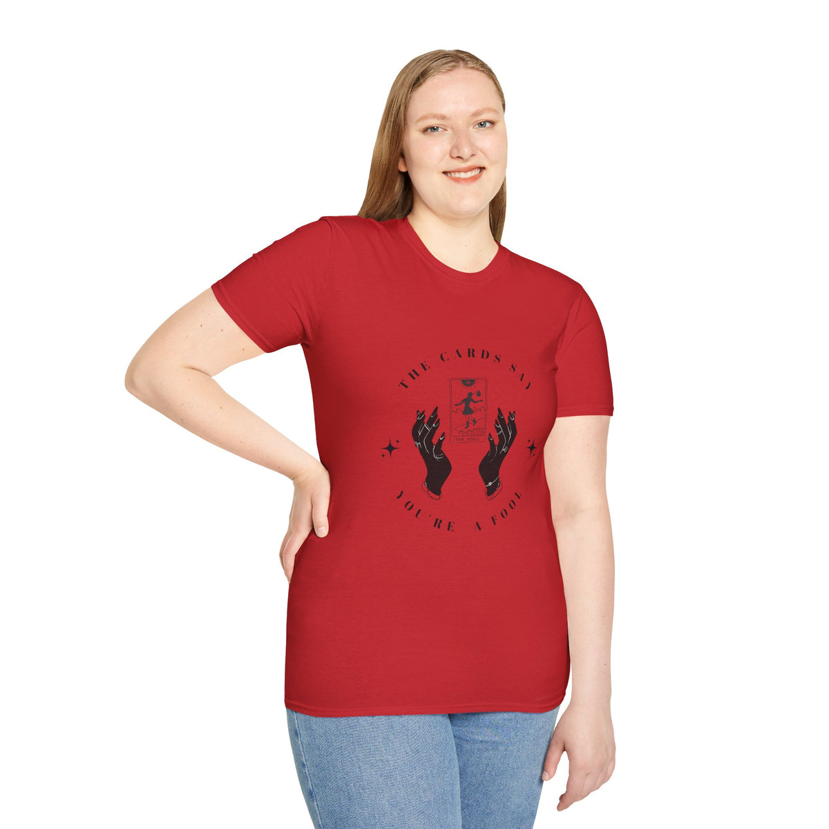 Tarot Tee — "The Cards Say" The Fool Graphic T-Shirt, Mystical Palm & Tarot Design