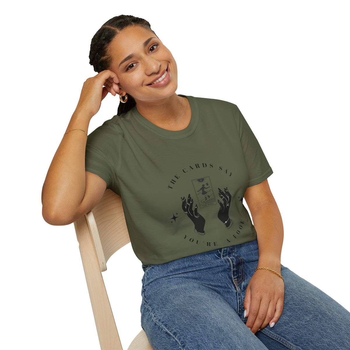 Tarot Tee — "The Cards Say" The Fool Graphic T-Shirt, Mystical Palm & Tarot Design