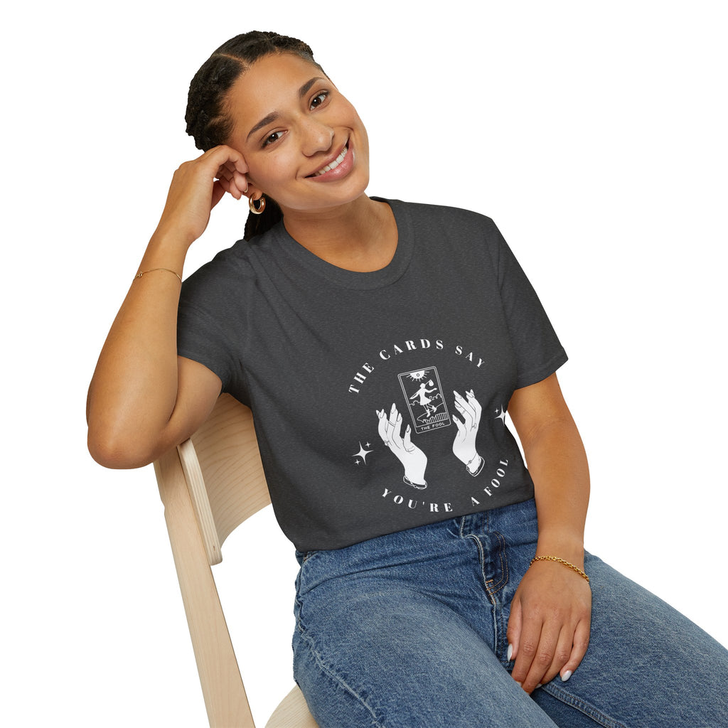 Tarot Tee — "The Cards Say" The Fool Graphic T-Shirt, Mystical Palm & Tarot Design