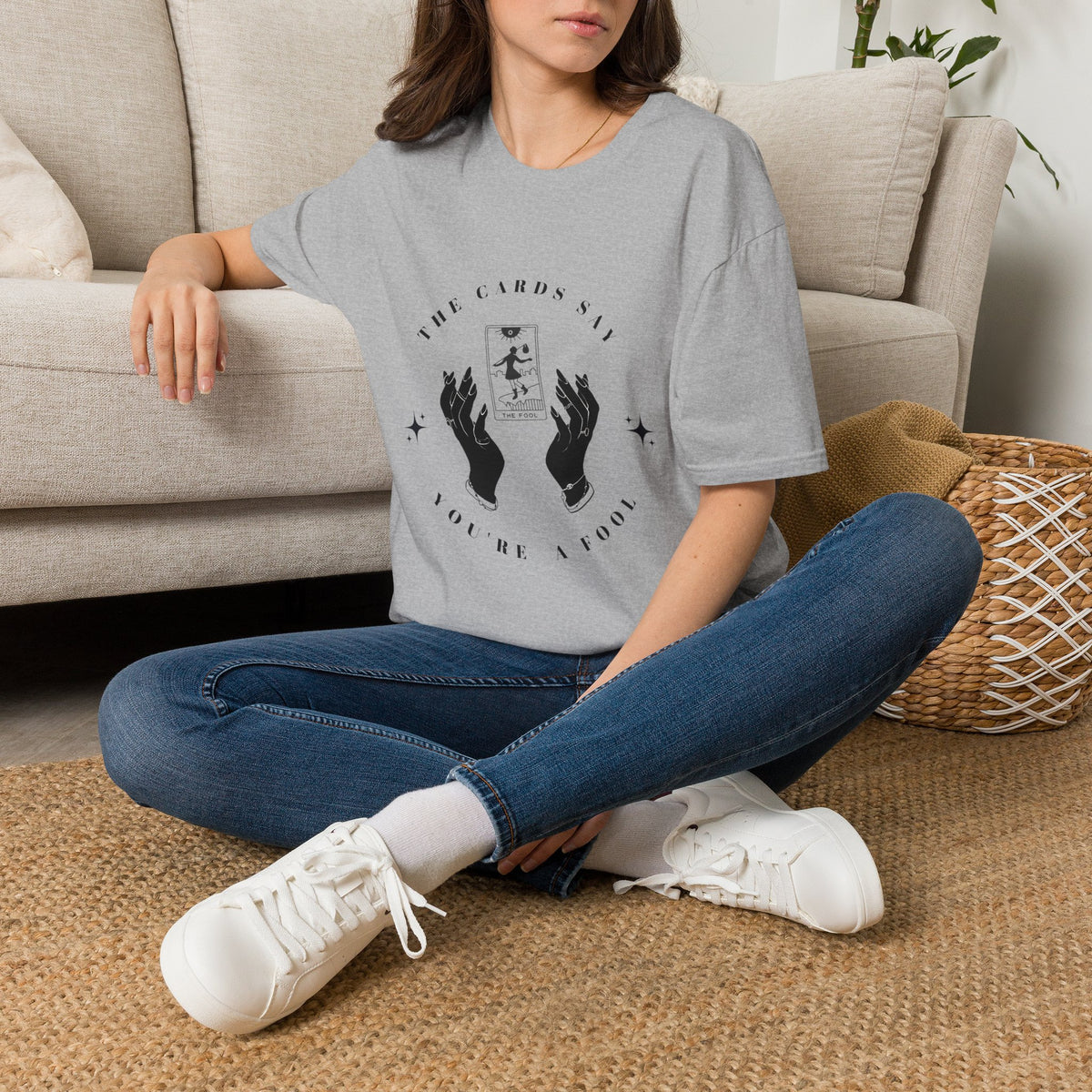Tarot Tee — "The Cards Say" The Fool Graphic T-Shirt, Mystical Palm & Tarot Design