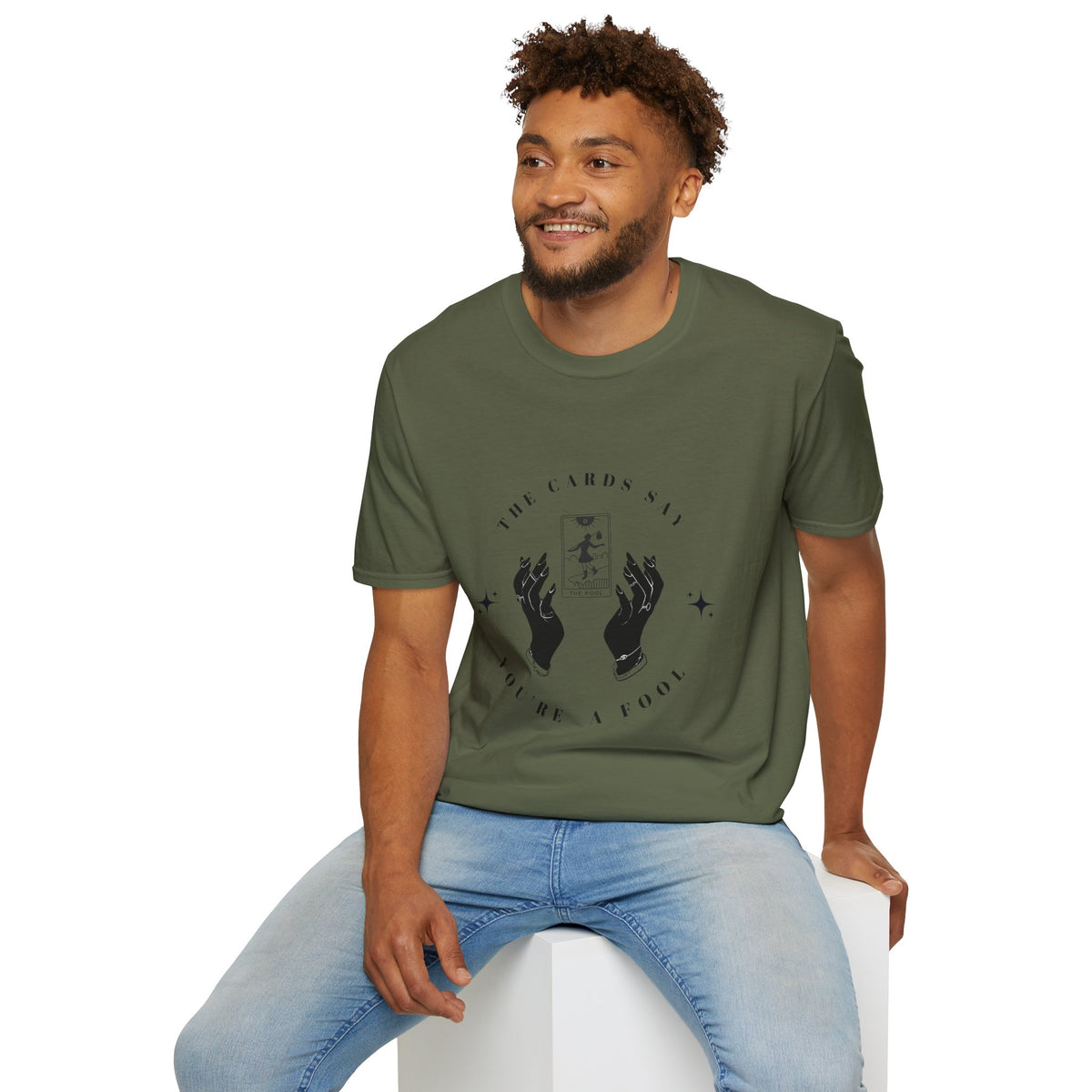 Tarot Tee — "The Cards Say" The Fool Graphic T-Shirt, Mystical Palm & Tarot Design
