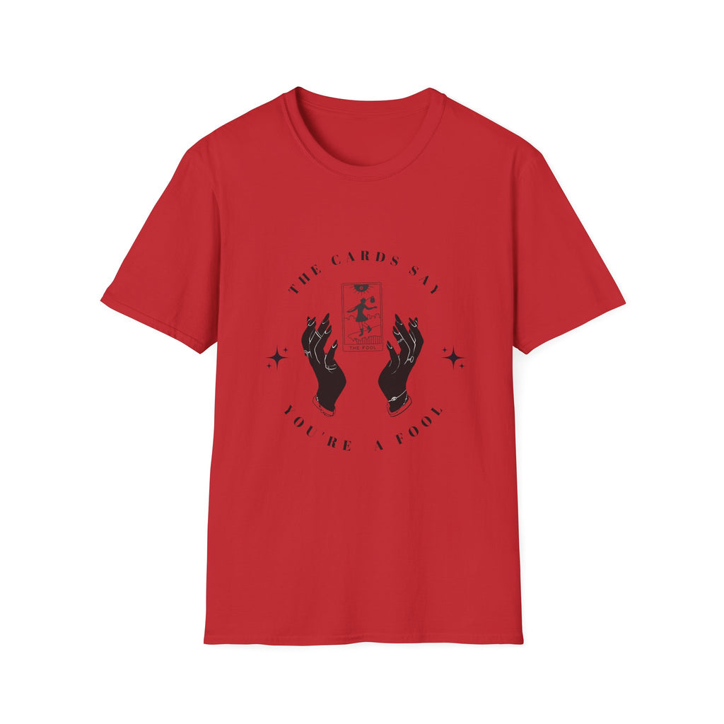 Tarot Tee — "The Cards Say" The Fool Graphic T-Shirt, Mystical Palm & Tarot Design
