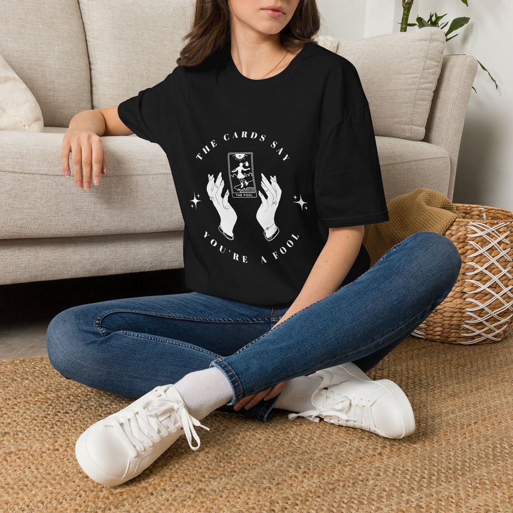 Tarot Tee — "The Cards Say" The Fool Graphic T-Shirt, Mystical Palm & Tarot Design