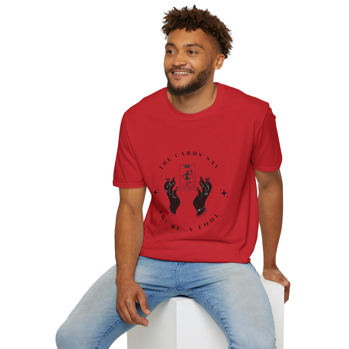 Tarot Tee — "The Cards Say" The Fool Graphic T-Shirt, Mystical Palm & Tarot Design