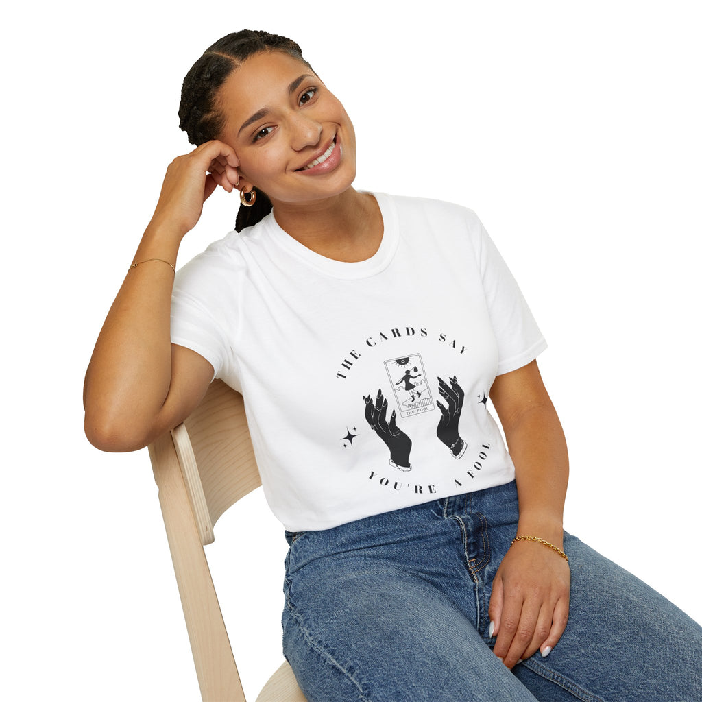 Tarot Tee — "The Cards Say" The Fool Graphic T-Shirt, Mystical Palm & Tarot Design