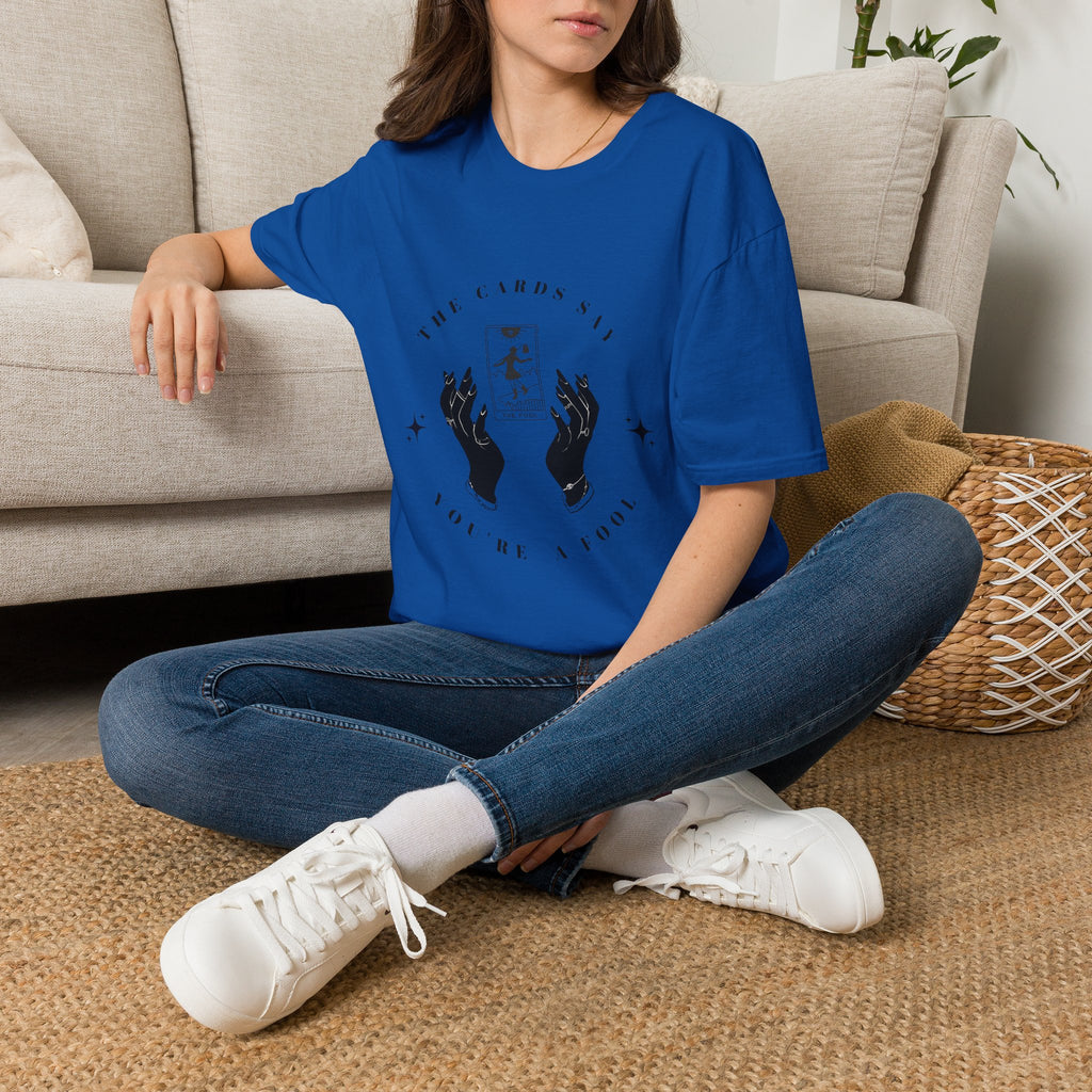 Tarot Tee — "The Cards Say" The Fool Graphic T-Shirt, Mystical Palm & Tarot Design