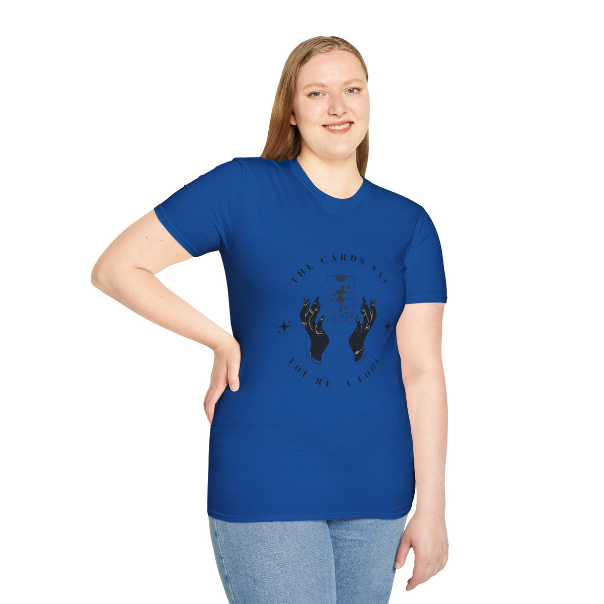 Tarot Tee — "The Cards Say" The Fool Graphic T-Shirt, Mystical Palm & Tarot Design