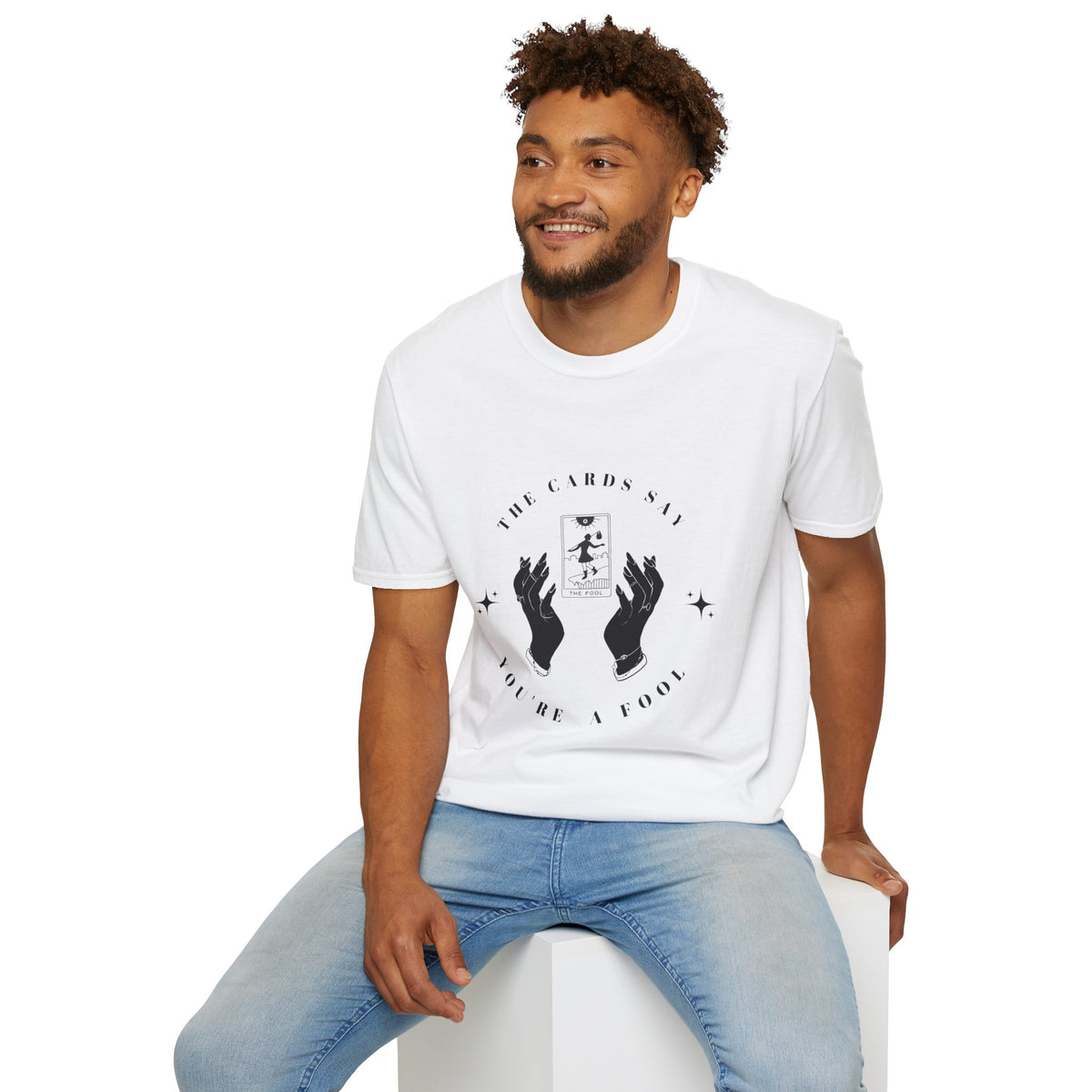 Tarot Tee — "The Cards Say" The Fool Graphic T-Shirt, Mystical Palm & Tarot Design