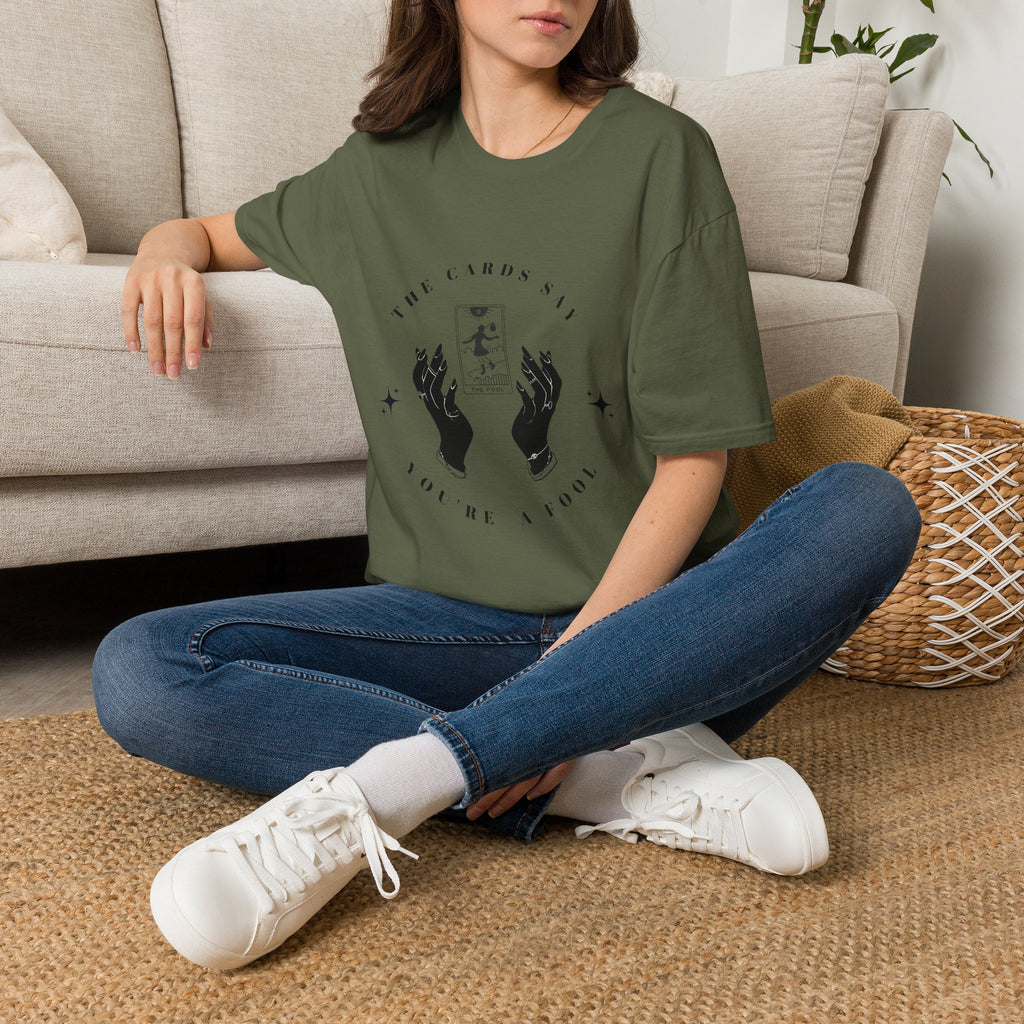 Tarot Tee — "The Cards Say" The Fool Graphic T-Shirt, Mystical Palm & Tarot Design