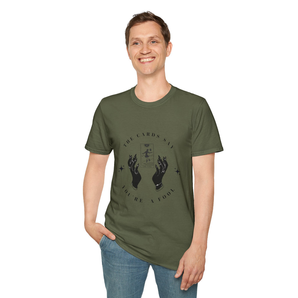 Tarot Tee — "The Cards Say" The Fool Graphic T-Shirt, Mystical Palm & Tarot Design