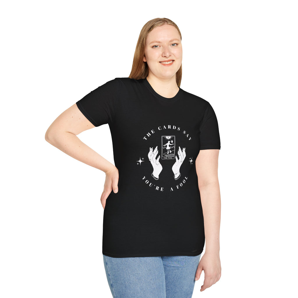 Tarot Tee — "The Cards Say" The Fool Graphic T-Shirt, Mystical Palm & Tarot Design