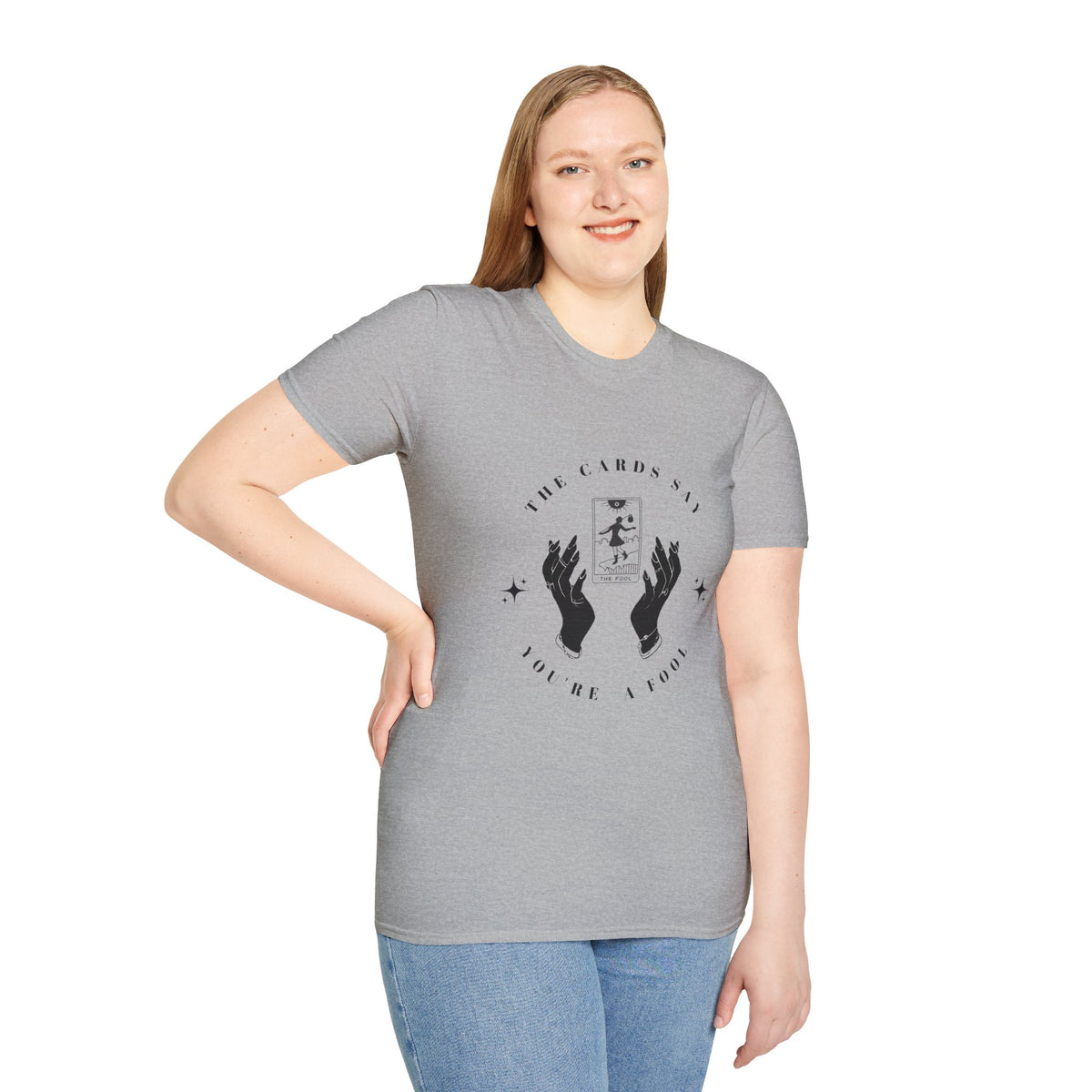 Tarot Tee — "The Cards Say" The Fool Graphic T-Shirt, Mystical Palm & Tarot Design