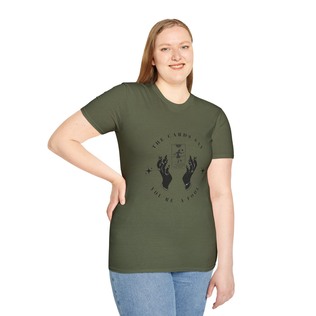Tarot Tee — "The Cards Say" The Fool Graphic T-Shirt, Mystical Palm & Tarot Design