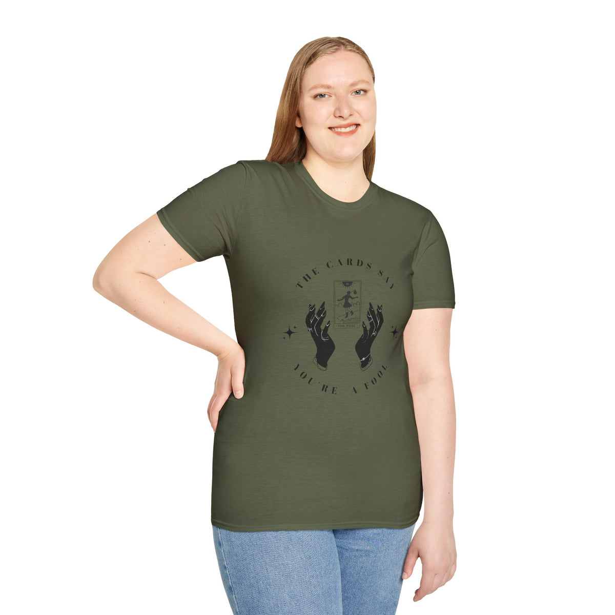 Tarot Tee — "The Cards Say" The Fool Graphic T-Shirt, Mystical Palm & Tarot Design