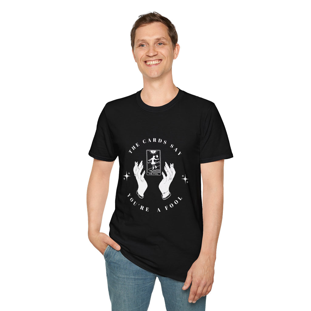 Tarot Tee — "The Cards Say" The Fool Graphic T-Shirt, Mystical Palm & Tarot Design