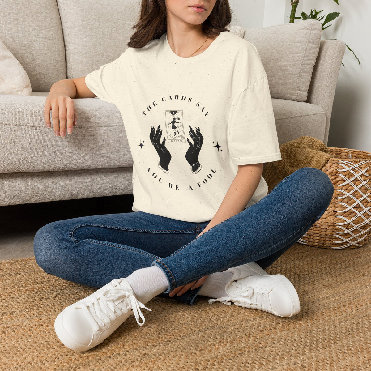 Tarot Tee — "The Cards Say" The Fool Graphic T-Shirt, Mystical Palm & Tarot Design
