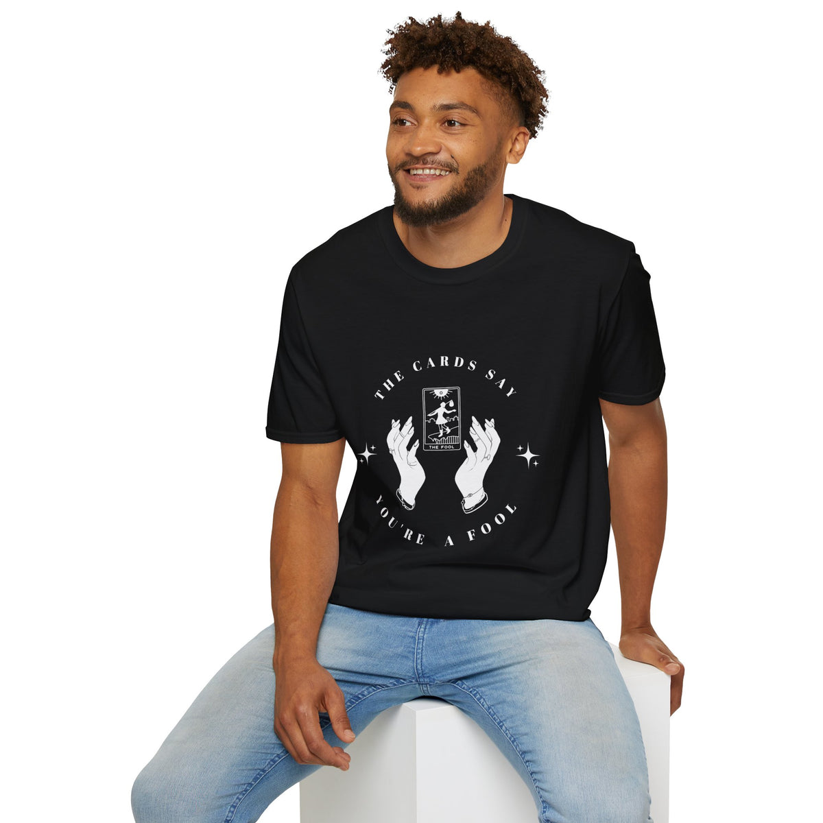 Tarot Tee — "The Cards Say" The Fool Graphic T-Shirt, Mystical Palm & Tarot Design