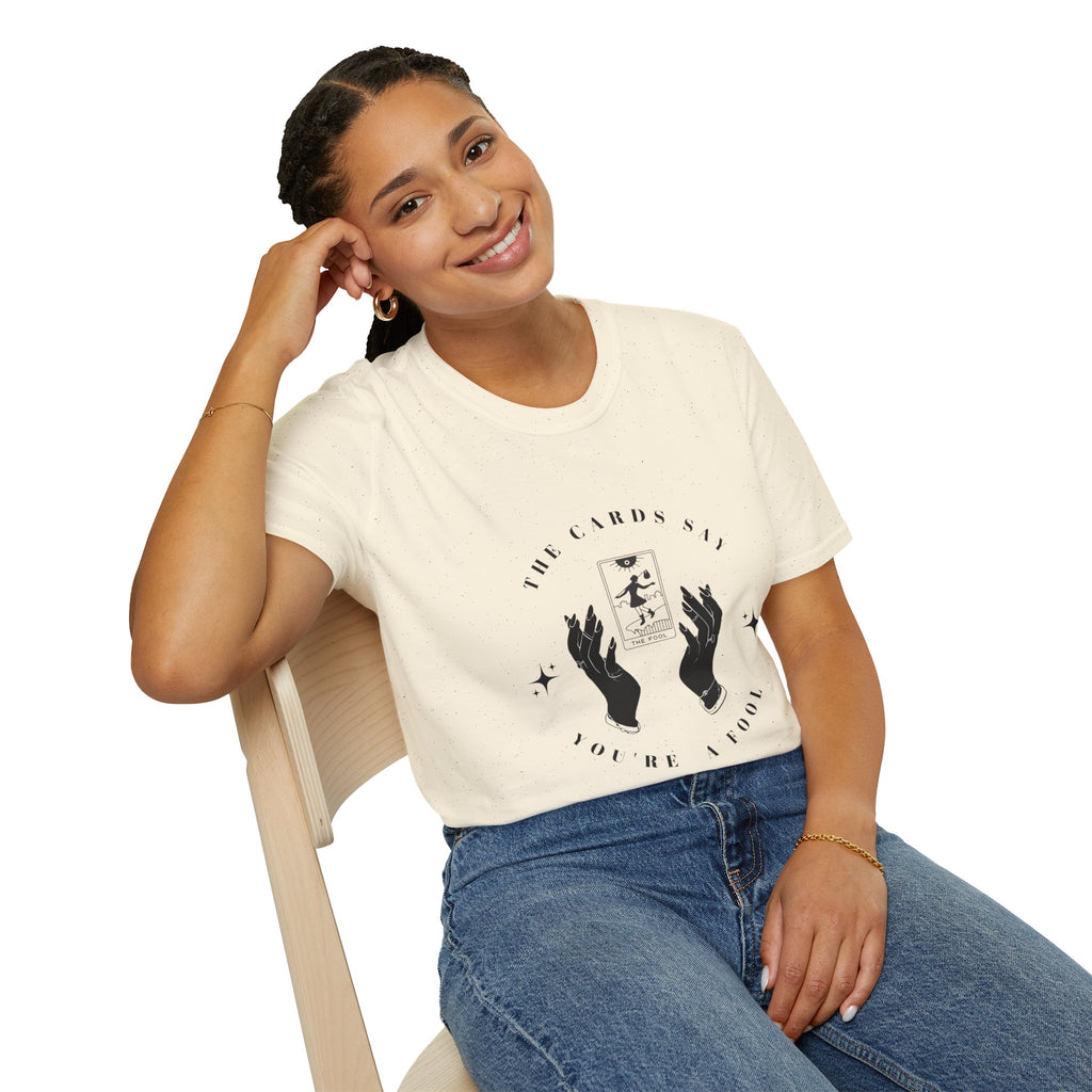 Tarot Tee — "The Cards Say" The Fool Graphic T-Shirt, Mystical Palm & Tarot Design