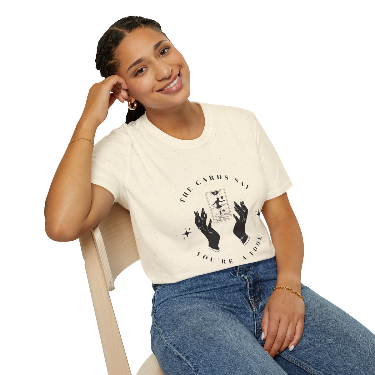 Tarot Tee — "The Cards Say" The Fool Graphic T-Shirt, Mystical Palm & Tarot Design